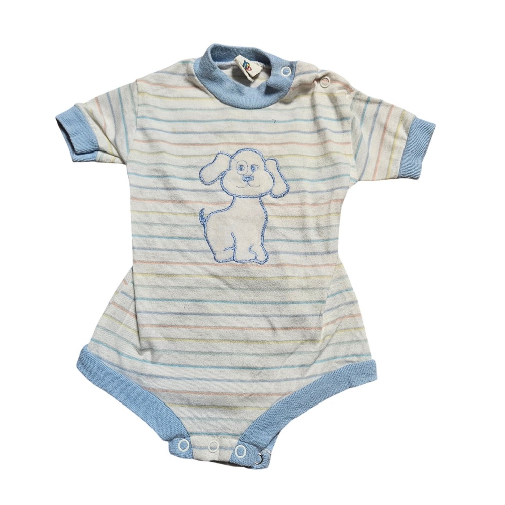Vintage Kid Arounds Baby‎ Boy Puppy Dog Striped Romper One Piece 6-9 Mos USA
